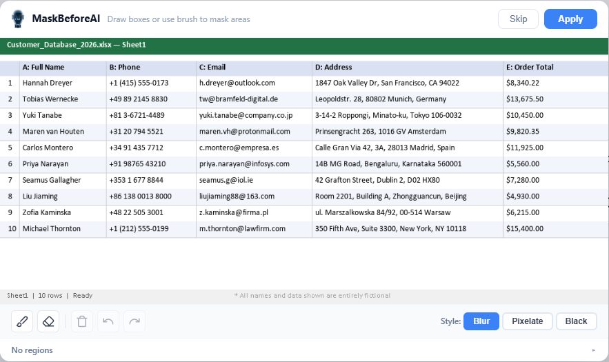 Excel data before masking