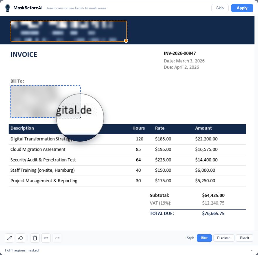 Invoice after masking