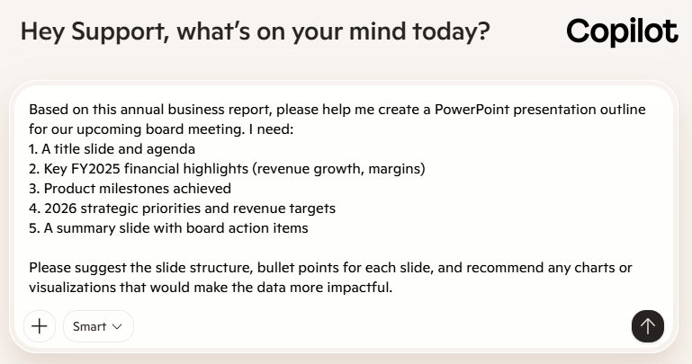 Copilot prompt for PPT outline from annual report