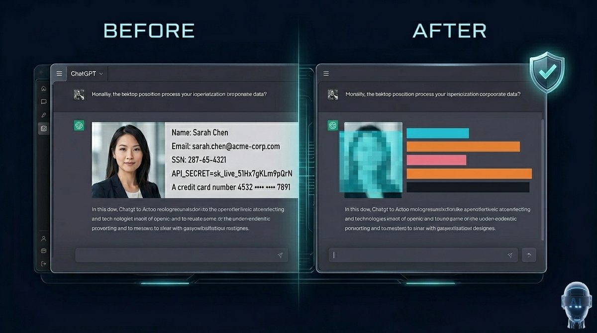 Before and after: sensitive data masked with blur and color blocks