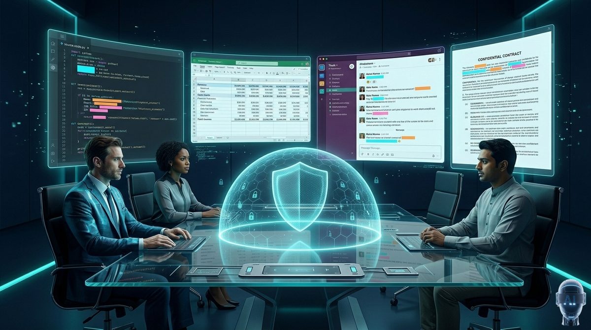 Enterprise team protecting sensitive corporate data before AI upload