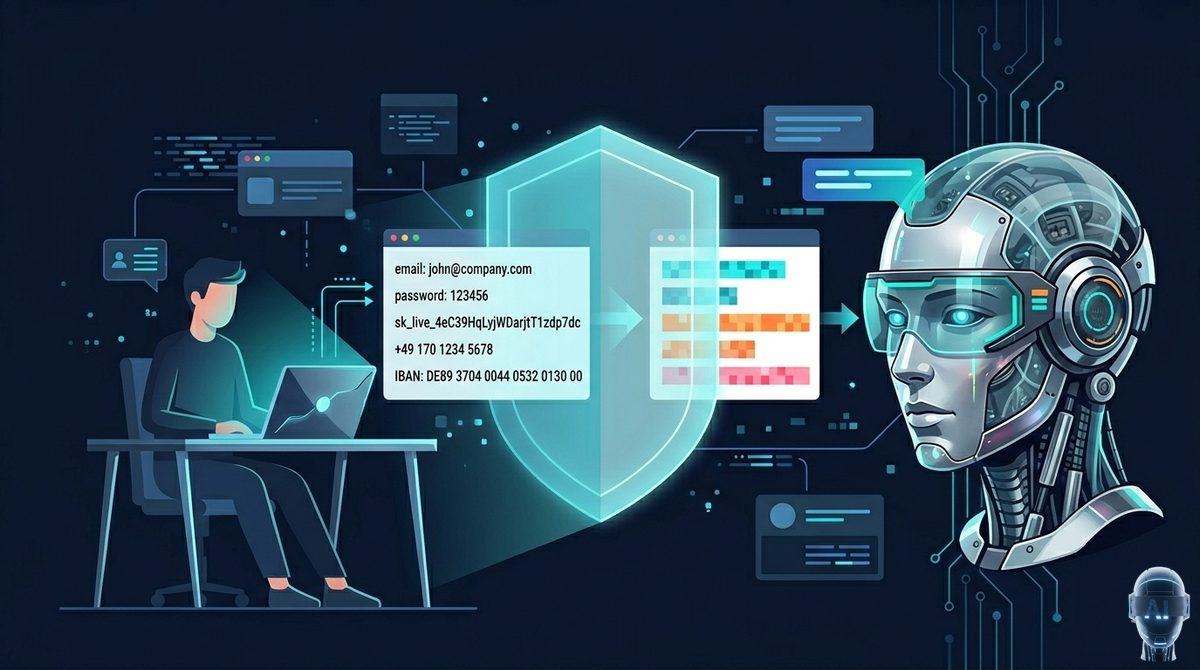 MaskBeforeAI protects sensitive data like emails, passwords, and API keys before uploading to AI